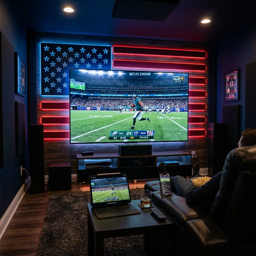 IPTV USA streaming on multiple devices - Smart TV, tablet and smartphone showing NFL, NBA and movies in 4K quality